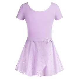 Arshiner Ballet Dress Short Sleeve Girls Ballet Suit Cotton Ballet Clothing Ballet Dance Clothing Dance Body with Chiffon Wrap Skirt Purple 140/6-7 Years
