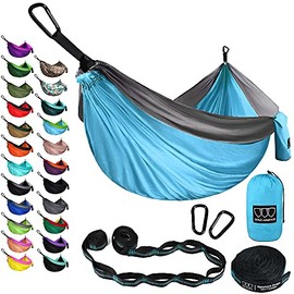 Gold Armour Camping Hammock - Extra Large Double Parachute Hammock USA Based Brand Lightweight Nylon Adults Teens Kids, Camping Accessories Gear (Sky Blue and Gray)