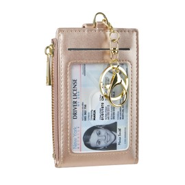 Cynure Women's & Men's Leather RFID Blocking Card Holder Slim Small Zipper Keychain Front Pocket Wallet with 2 ID Windows, 1-plain-rose gold, Standard size, Casual