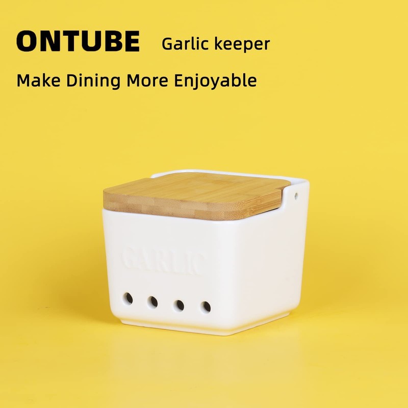 ONTUBE Garlic Keeper with Lid, Ceramic Garlic Holder Storage, Garlic