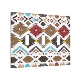 Aztec Western 3 Gang Triple Toggle Light Switch Wall Plate Cover Decorative Beige Southwestern Tribal Native American Electrical Faceplate Bohemian Southwest Rustic Barn Door Home Living Room Decorate