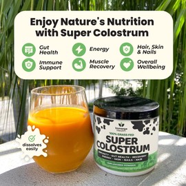 Super Colostrum Grass Fed Bovine Colostrum Powder for Bloating, Immune, Energy, Gut Health Hair, Skin and Nails Colostrum Supplement | 50% IgG Cow Colostrum for Humans | Superfood for Women and Men