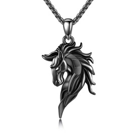 HUKKUN Black Horse Necklace Sterling Silver Horse Jewelry Gift for Men