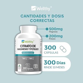 Wellthy Citrato de Magnesio y Potasio 300 Cápsulas. Tomar Sólo una Cápsula al día, Excelente fuente de Potasio y Magnesio, Cápsula Vegana.