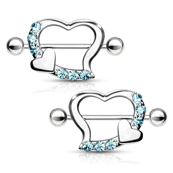 1 Pair Heart Surgical Steel Piercings with Crystals in Turquoise