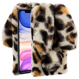 LCHDA Rabbit Case for Moto G Stylus 5G 2025, Cute 3D Bunny Ears Soft Furry Hairball Fuzzy Winter Warm Faux Fur Plush Fluffy TPU Bumper Women Girl Protective Cover - Leopard Beige