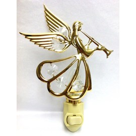 Angel W Trumpet in 24K Gold Plated Night Light with Clear Mascot Crystal
