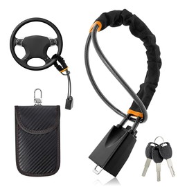 Youteer Steering Wheel Lock, Universal Adjustable Steering Wheel Lock Anti-Theft Device with Key and Signal Blocking Pouch Fit for Most Cars, (Black)