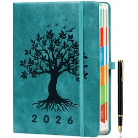 ZXHQ 2026 Diary A5 Page a Day, Jan-Dec, Diary 2026 Day Per Page, Full Year Daily Planner with Monthly Overview, UK Holiday, Colorful Tabs, Pen Set and Fine Inner Pocket, 5.9" × 8.5"- SeaGreen