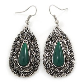 Teardrop Shaped Hematite Crystal Green Resin Drop Earrings In Silver Tone - 50mm L