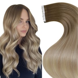 Hetto Tape in Hair Extensions Human Hair Balayage Tape in Human Hair Extensions Ombre Light Brown to Ash Blonde with Platinum Blonde Remy Tape Hair Extensions Real Human Hair 50g 20pcs 22 Inch
