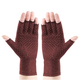 MAXCOPPER Anti-Slip Half-Finger Compression Arthritis Gloves 100% Copper-Infused, Antimicrobial, Eliminates Odors (Red - Large)