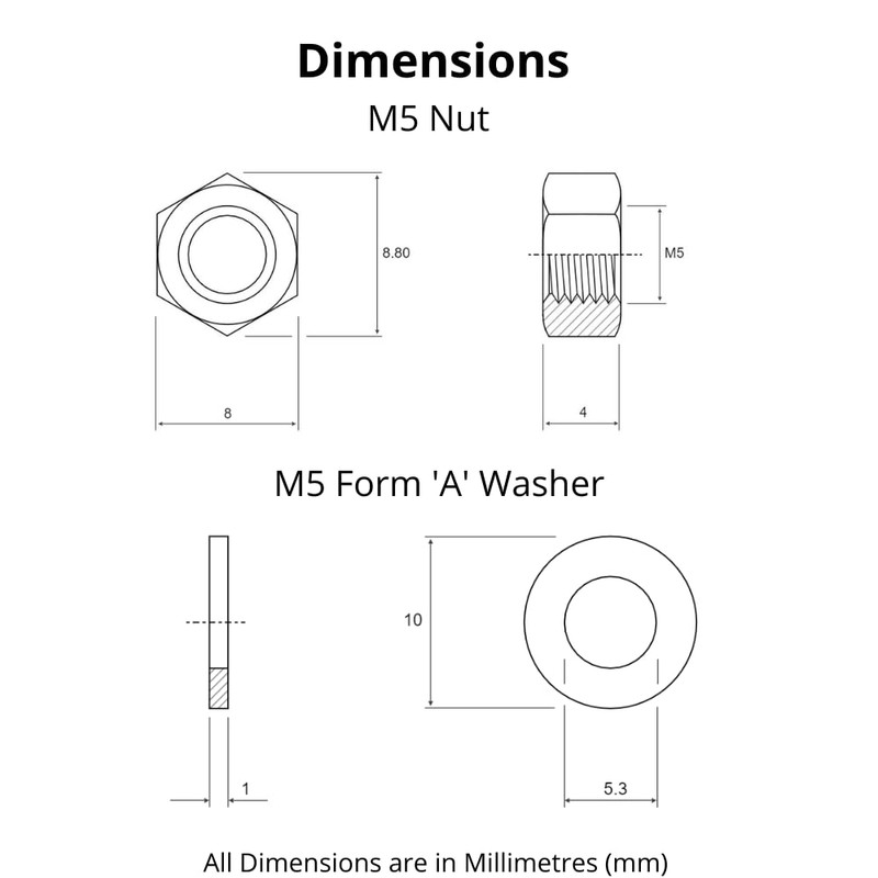 M5 Nuts & Washers Set - 10 Steel Nuts &