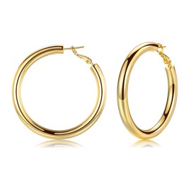EPIRORA Chunky Gold Hoop Earrings for Women, 14K Gold Plated Lightweight Earrings with Sterling Silver Post, 5mm Thick Tube Hoops Earrings Jewelry Gift for Teen, 50mm
