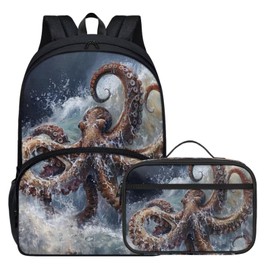 Parprinty Boys Angry Sea Octopus Backpack for Girls Boys Stylish 17 Inch School Backpack with Lunch Box Kids Sturdy Lightweight Soft Padded Back Animal Print Bookbag Set Black