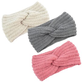 PSOWQ Pack of 3 Children's Girls' Headbands, Knitted Headbands, Women's Winter Knit, Hair Band, Ear Warmers, Elastic, Autumn and Winter Versatile Headband for Women (Beige + Grey + Pink)