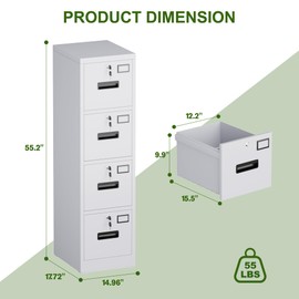 Aobabo 4 Drawer File Cabinet, Metal Filing Cabinet with Lock, Suitable for Home Office School Hanging Files Letter/Legal/A4 Size,White,Required-Assembly,17.72" D x 14.96" W x 55.2" H