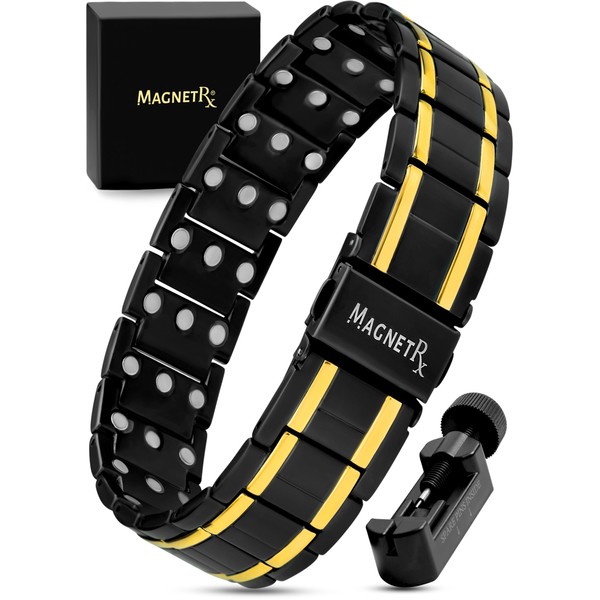 MagnetRX® 3X Strength Titanium Magnetic Bracelet – Magnetic Bracelets for Men – Premium Fold-Over Clasp & Adjustable Length with Sizing Tool (Black & Gold)