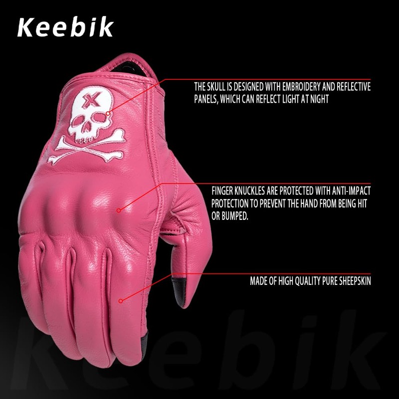 Keebik Goatskin Leather Motorcycle Motorbike Powersports Racing Gloves Reflective Skull