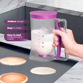 Pancake Batter Dispenser With Squeeze Handle Set - 900ml BPA-Free, No Mess & Easy Pour - Includes Muffin, Heart and Mouse Rings, Pastry Brush and Spatula – Ideal for Pancakes, Waffles and Cupcakes