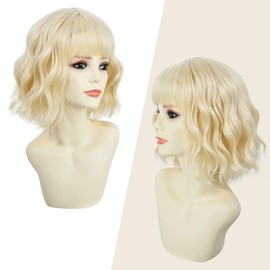 Yamel Wavy Bob Wig with Bangs Natural Blonde Wig Synthetic Hair Shoulder Length Short Curly Wigs for Women