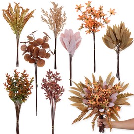 Artificial Greenery Stems Box Set for Fall Decor (Pack of 70pcs) with 8 Kinds of Faux Plants and Fake Flowers for Autumn DIY Wedding Bouquet Table Centerpieces and Floral Arrangement (Brown & Orange)