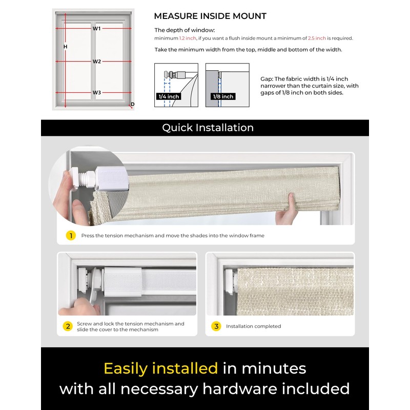 No Tools No Drill Cordless Roman Shades for Indoor Windows