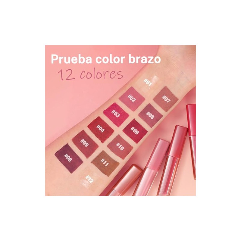 Labial Mate 12 piezas, Brillo de Labios Indelebles de Larga