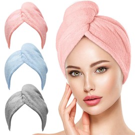 OEAGO Microfiber Hair Towel for Women: Stocking Stuffers for Women Girls Kids Drying Wrap Towels for Curly Hair Head Accessories 3 Packs Anti Frizz (Blue、Grey、Pink)