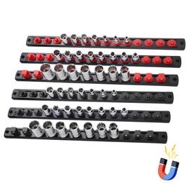 Reniteco 6-Piece Magnetic Socket Organizer, Heavy Duty Aluminum Socket Rails Organizer, 360° Swivel Clips Socket Holder Kit for Tool Box, 1/2, 3/8, 1/4-Inch Socket Holder x 80 Clips (Red&Black)