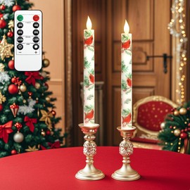 Crystal Club Flameless Taper Candles, Cardinal Theme, Battery Operated LED Candlesticks with Remote, Real Wax & Flicker Effect for Christmas Home Festival Décor, Set of 2