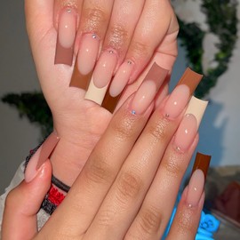 BABALAL Long Square Press on Nails Brown Fake Nails French Tip Glue on Rhinestone Acrylic Nails 24Pcs Fall Squoval Artificial False Nails for Women and Girls