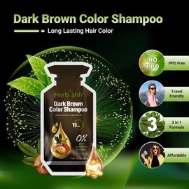 Herbishh Dark Brown Hair Color Shampoo with Wipes | 3-in-1 Gray Hair Dye | PPD-Free | Easy Home Hair Color Kit | 20 Travel Sachets + Argan Mask + 5 Stain Wipes