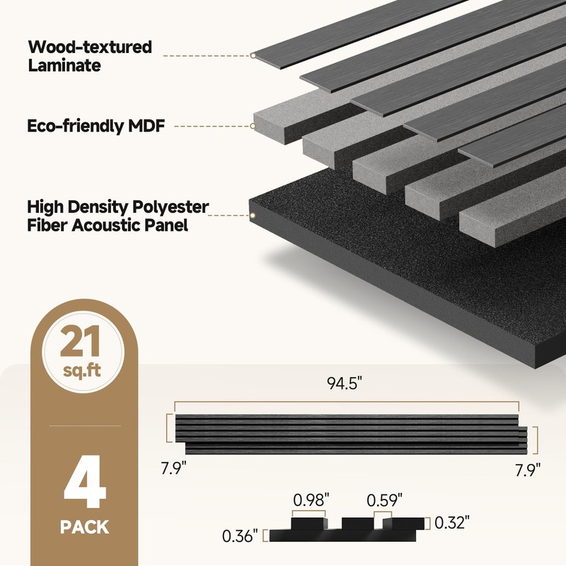 INMOZATA Soundproof Wood Slat Wall Panels, 4 Pack 94.5" x