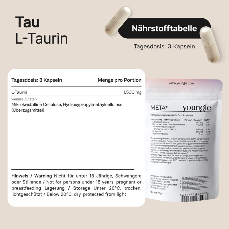 Youngle Taurine Capsules High Dose 1500 mg per Daily Dose