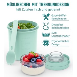 MRUN BONE Tazza per cereali To Go con cucchiaio, a prova di perdite, per yogurt, per viaggi, lavoro, scuola, picnic, 450 ml + 250 ml, colore blu menta)
