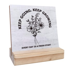 Keep Going Keep Growing Wooden Sign, Every Day is A Fresh Start, Gifts for Coworker Friends Women Men, Motivational Wooden Sign, 4 x4 Inches Wood Sign with Wood Stand, Home Office Desk Decor-DWS01