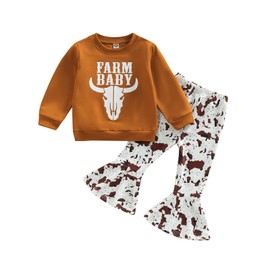 Toddler Baby Girls Outfits Long Sleeve Cartoon Cow Head Print Top + Flared Pants Set Kids Fall Winter Clothes (Cow Print- Brown Farm Baby, 18-24 Months)