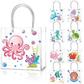 Teenyyou 24 Pcs Sea Animal Party Favor Bags PVC Clear Ocean Gift Bags with Handle for Birthday Party Supplies