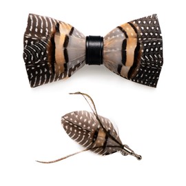 RBOCOTT Leather Feather Handmade Pre-tied Bow tie and Brooch Sets for Men(2)