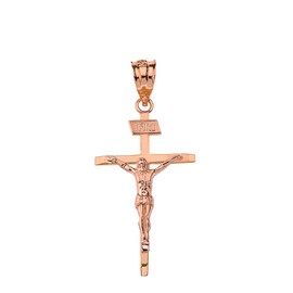 Solid 10k Rose Gold Catholic Jesus Christ on INRI Crucifix Cross Pendant (1.19")