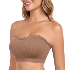 OBICUM Strapless Bras for Women Non-Slip Silicone Push Up Padded Bandeau Bralette Tube Top Bra Brown M