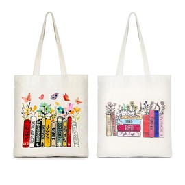 ZUYIST Pack of 2 The Tote Bag, Jute Bag, Printed Shopping Bag in 2 Sizes, Printed Fabric Bag in 2 Types, Foldable Shopper Bag, Women, Cotton Bag, Fabric Bag for Work, Shopping, Travel, beige, white