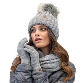 Vivisence Stylish Women’S Winter Set Cap with Pom-Pom Foldable Snood Scarf and Warm Gloves Made from Soft Yarn Anti-Static Fleece Lining Perfect for Cold Days, Light Grey,UNI
