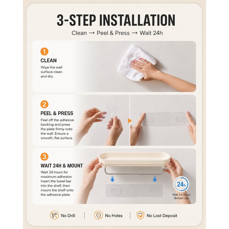 Adhesive Shower Caddy 2-Pack, Shower Shelves with Towel Bar, Cream