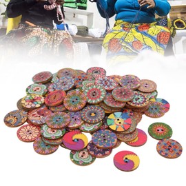 100Pcs Wooden Buttons Disc 25Mm European Retro European Style Printing Flower Timber Substitute Lumber Antique Buttons