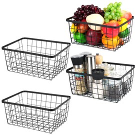 Aeggplant Kitchen Metal Wire Baskets with Handles Food Storage Organizer, Household Refrigerator for Cabinets,Pantry,Bathroom,Black,4 Pack