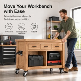 Set of 4 Retractable Workbench Casters – 2.5" 360° Swivel Step-Down Wheels for Workbenches, Tables & Equipment