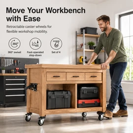 4-Pack Retractable Workbench Casters, 2.5" 360° Swivel Step-Down Wheels, 165lbs Heavy-Duty Caster Kit for Workbenches & Tables