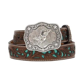 M+F Western Products Boys Brown Belt With Turquoise Inlay Scroll Brown 20